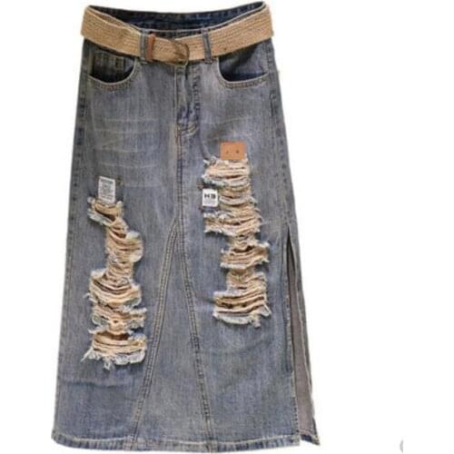 Ripped denim skirt women 2021 summer high waist irregular hole a-line bag hip skirt plus size