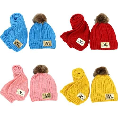 Hairball beanies sets velvet wool kids Knitted fur hats winter 2 pcs boys girl scarf hat set Age for 4-15 Years old child