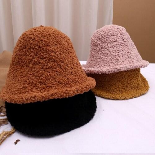 New Autumn and Winter Ladies Hat Fashion Lamb Velvet Bucket Hat Faux Fur Ladies Panama Hat Outdoor Thick Warm Fisherman Hat