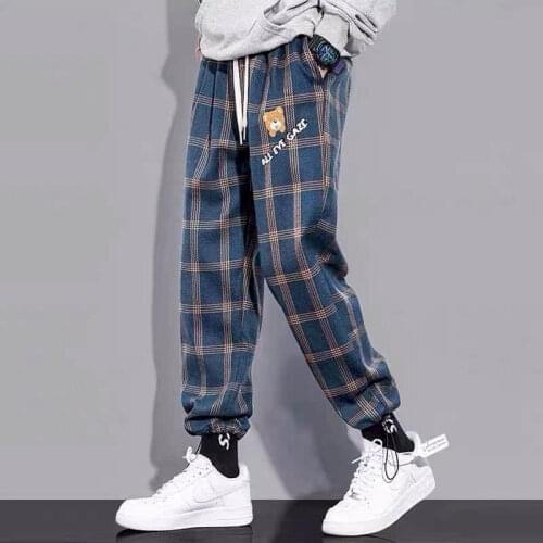 Japan straight-leg checked pants men women retro hip-hop streetwear lovers loose casual drawstring sports trousers preppy bottom