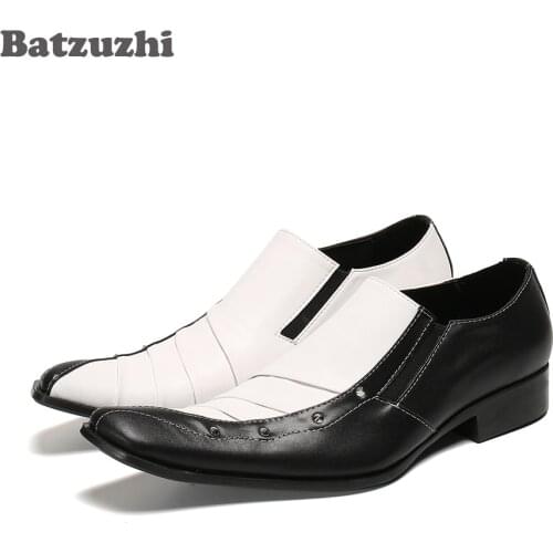Batzuzhi Personality Mens Genuine Leather Shoes Mixed Color Black White Business and Party Dress Shoes Men Slip on Chaussures