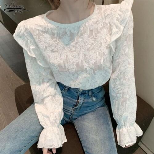 Loose Korean Style Sweet Blouse Women Apricot Color Flare Long Sleeve Lace Embroidered Womens Shirts Fashion Tops Female 11615