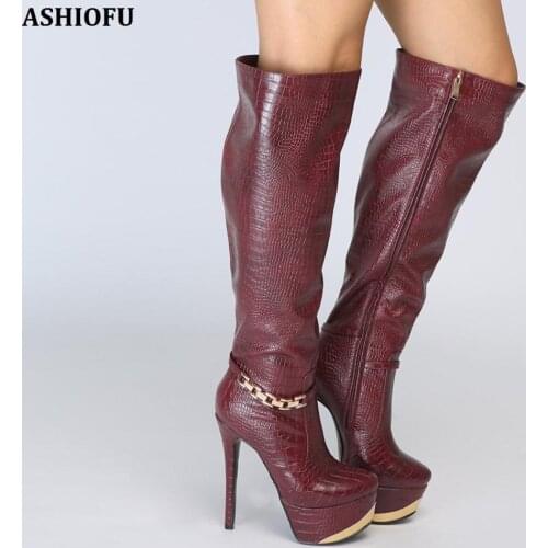 ASHIOFU Handmade Ladies High Heel Platform Knee Boots Chains Night-club Party Prom Boots Evening Fashion Winter Long Boots Shoes