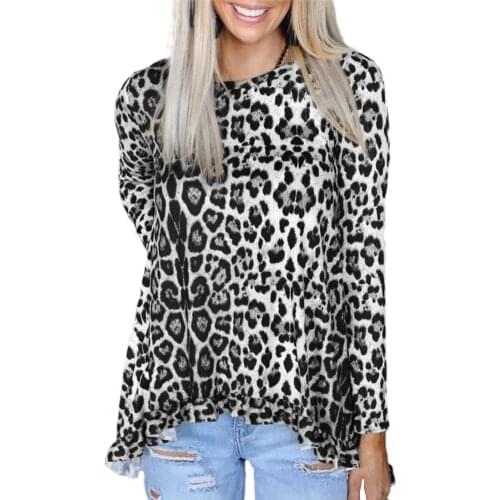 Women T-Shirts Long Sleeve O Neck Sexy Leopard Print Top Ruffle High Low Hem T-shirt Tops camisetas de mujer футболка женский