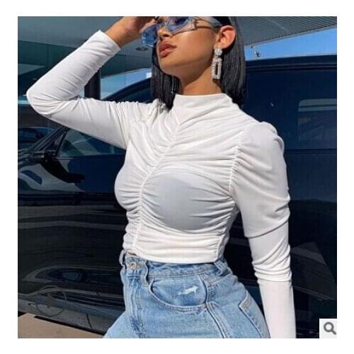 2020 Women Long Sleeve Ruched Top Hot Fashion High Collar Solid Color Blouses for Women Breathable Ladies Blouses топы женские