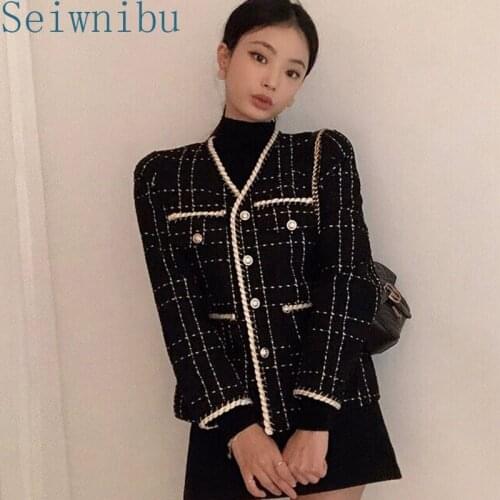 Women tweed plaid patchwork Edging Chic retro Korea jacket coat fall fashion outerwear streetwear 2020