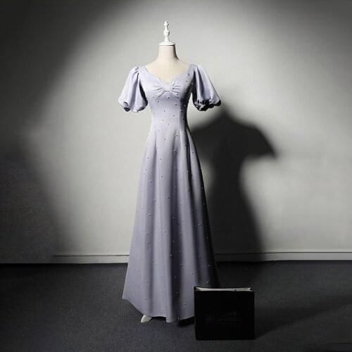 Evening Dress Empire Short Sleeves Simple Fashion A-Line Strapless Pleat Pearls Floor-Length Party Formal Dresses Woman B1010