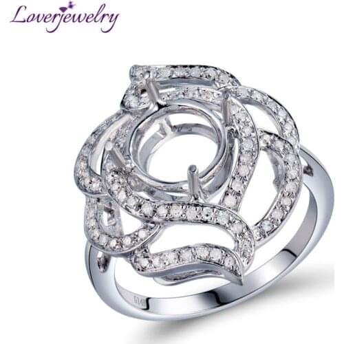Women DIY Jewelry Round 6.5mm 14Kt White Solid Gold Semi Mount Ring Mounting Side Diamonds Setting Ring For Women Wedding Gift