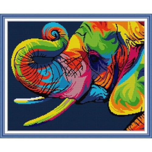 Animal Pattern Rainbow Elephant Cross Stitch Kit 14ct 11ct Printed Fabric Embroidery Kit DIY Handmade Needlework Christmas Gift