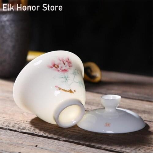150ml Mutton Fat Jade High White Porcelain Flower Tea Tureen Set Sancai Bowl Cover Bowl Tea Maker Large Teacup Pure Tea Bowl
