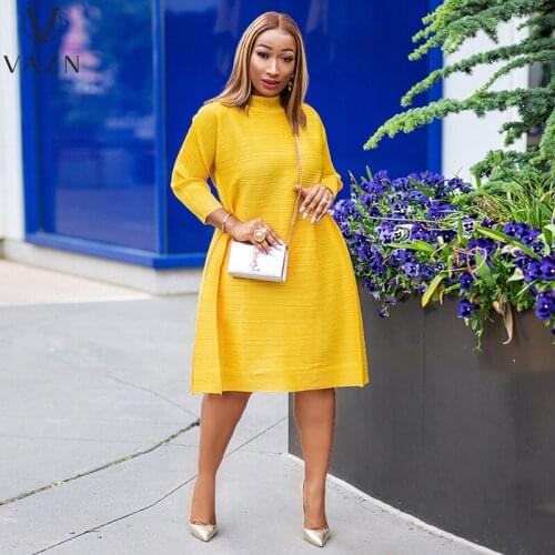 VAZN 2021 Autumn Yellow Loose Long Dress Elegant Lady For Female Casual Ladies Sexy Young Full Sleeve Women Midi Dress