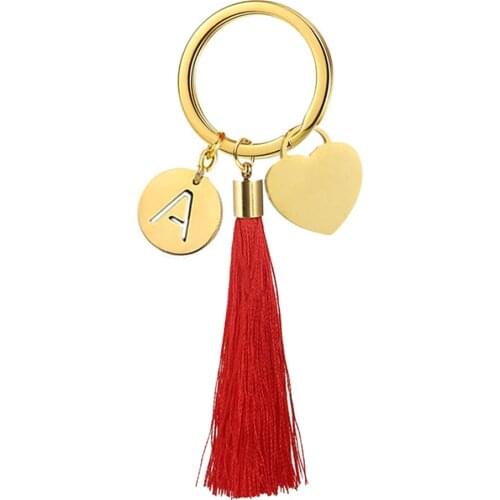 4 Color Stainless Steel Alphabet Keyring Tassel Cotton Letter A-Z Initial Womens Keychain for Handbag New Key Ring Jewelry Gift