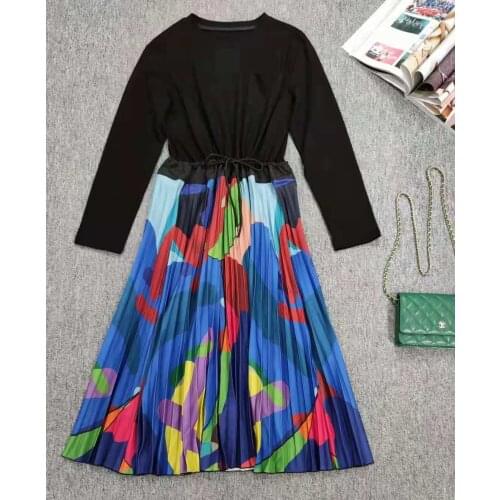 One Piece Dress 2021 Autumn Style Women Abstract Prints Patchwork Long Sleeve Mid-Calf Length Casual Pleated Dress Black Blue