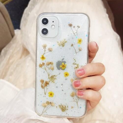 Real Dry Flower Glitter Stars Phone Case for iPhone 12 11 Pro Max 6s 7 8 Plus X XS XR MAX 12 Mini Case Transparent Back Cover