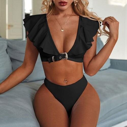 Black Ruffled Vintage Bikini Push up Swimwear Women Swimsuit Female High cut two piece suits V Neck bathing suit sexy Bikuini