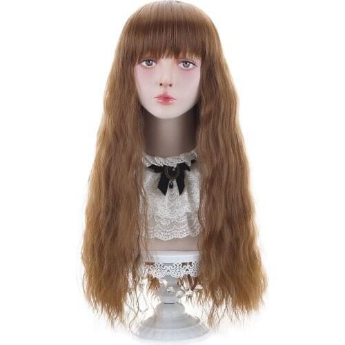 Free Beauty Long Water Wave Lolita Cosplay Synthetic Wig Blunt Bangs Brown Umber Hair Wigs for Women Halloween Party Costume