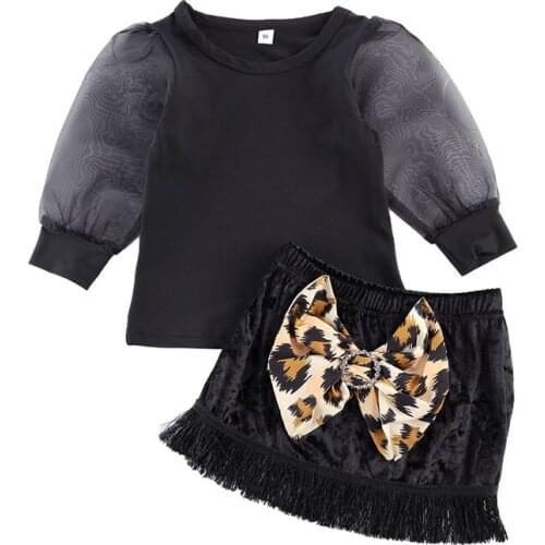 2021 Fashion Children Baby Girls 0-6Y Clothes Sets Puff Long Sleeve Solid Pullover Tops+Leopard Bowknot Skirts 2pcs Outfits