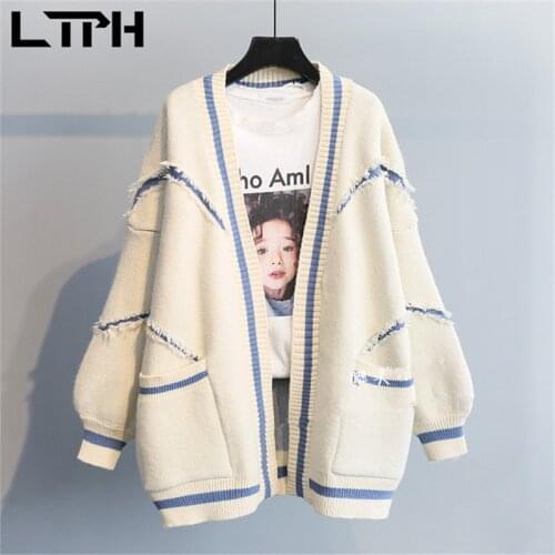 LTPH Korean fashion women sweaters casual Thick Soft Warm loose letter Knitted long sleeve Cardigan Outwear 2021 autumn new