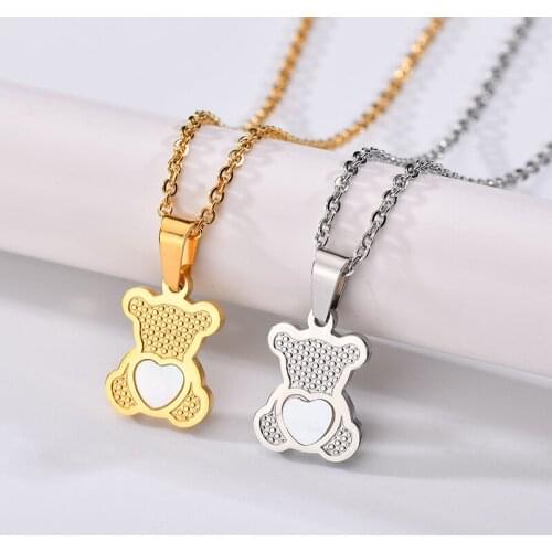 Fashion Stainless Steel Cute Bear Pendant Necklaces Hollow Bear Heart Diamond Pendant Necklaces For Women Man Jewelry Gifts