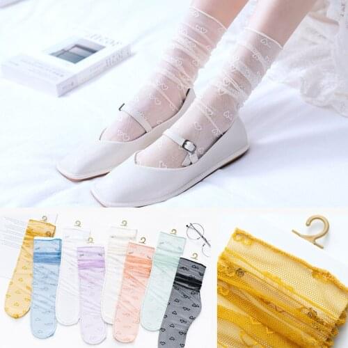 Socks childrens middle tube socks spring and summer thin mesh socks womens Korean version transparent tulle day long tube lace