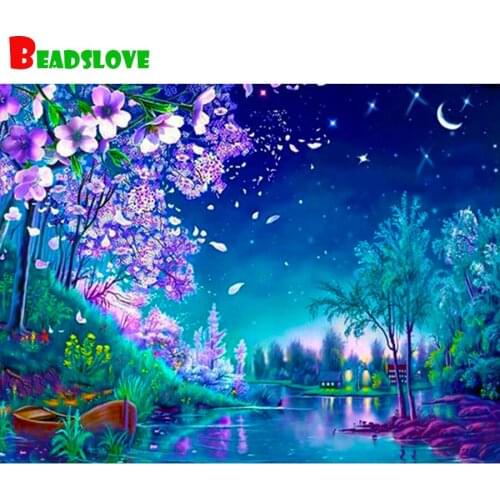 Full square Diamond Painting Cross Stitch Cherry blossom river bank the scenery 5d diamond Embroidery Diy Paste Picture decor