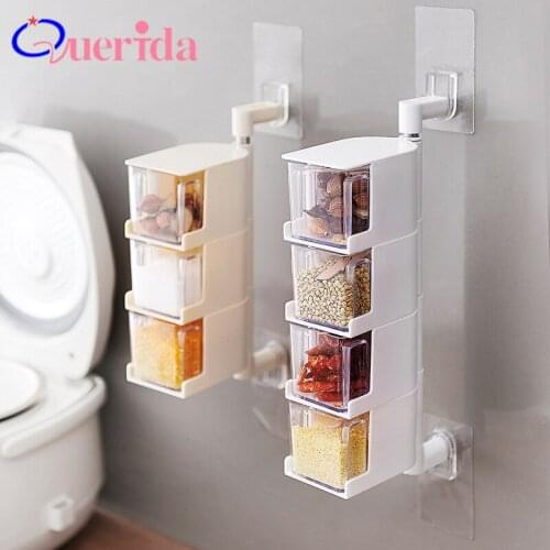 Transparent Wall-Mounted Rotating Seasoning Box Salt And Pepper Spice Condiment Containers Drawer Spice Jar Rack Kitchen Tools