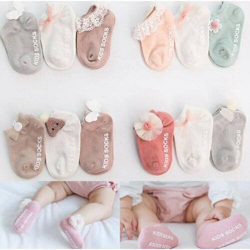 Pudcoco 4 Styles 3Pair/Set Toddler Girl Socks Cute Baby Kids Breathable Soft Cotton Children Lace Bow 0-3Y