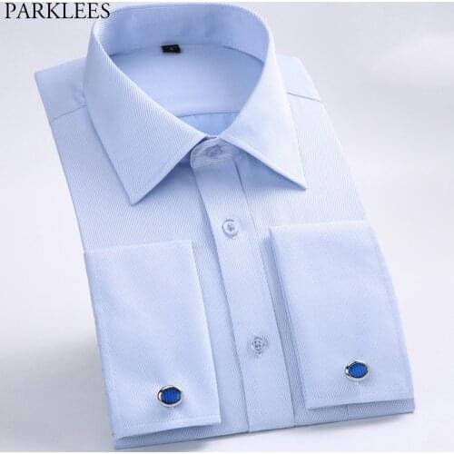 Mens Blue French Cufflink Shirt Business Casual Long Sleeve Male Solid Twill Striped Shirts Slim Fit Work Chemise Homme Tops 8XL