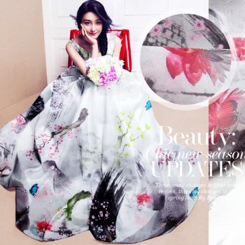 PRINT SILK ORGANZA SATIN FABRIC 140cm width 12momme 100% Pure Silk Flower Printing Gauze Dress Material