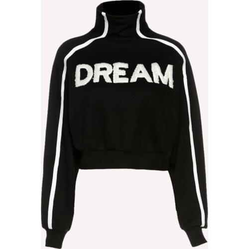 Chic Black Sweatshirt Women Turtleneck Long Sleeve Hoodie Women Letter Embroidery Sweatshirt Pullover Streetwear 2021