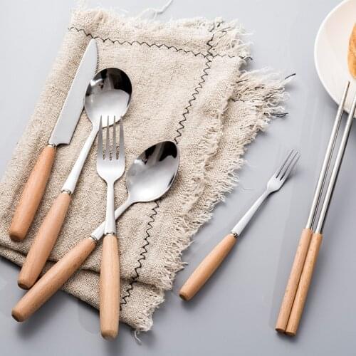 Stainless Steel Cutlery Wooden Handle Dinner Fork Dessert Spoon Knife Coffee Teaspoon Fruit Forks Kitchen Tableware Accessories