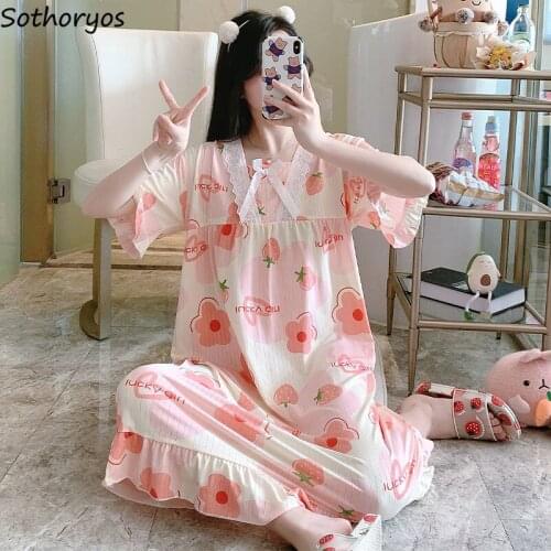 Lovely Printed Nightgowns Women Loose Short Sleeve Lace Mid-calf Cozy Breathable Student Sleepshirts Large Size Lounge M-3XL New