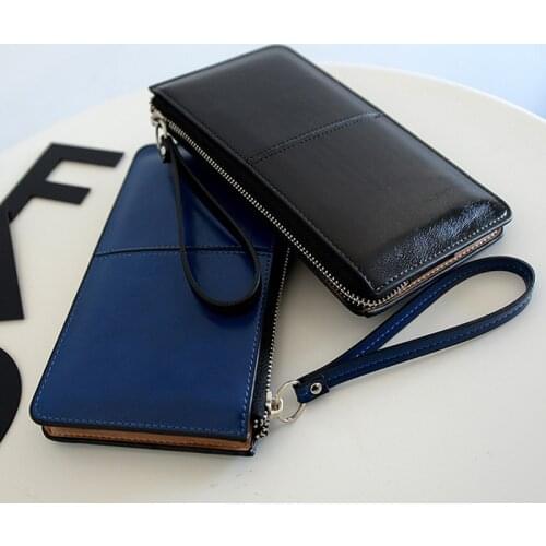 Vintage Womens Oil Wax Leather Zipper Clutch Wallet Ladies Wristband Simple Card Holder Female Large Capacity Coin Purse Wallet