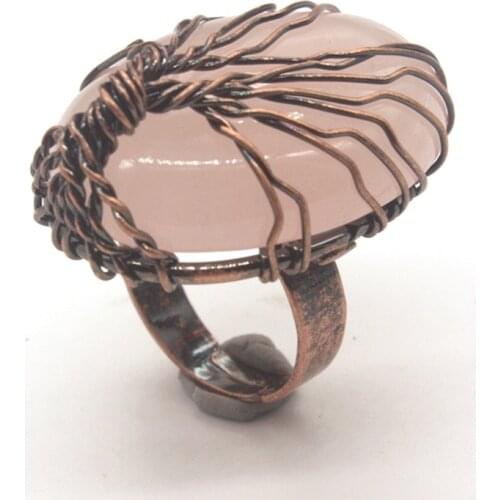 100-Unique 1 Pcs Copper Handmade Wire Wrap Oval Shape Rose Pink Quartz Ring Engagement Jewelry