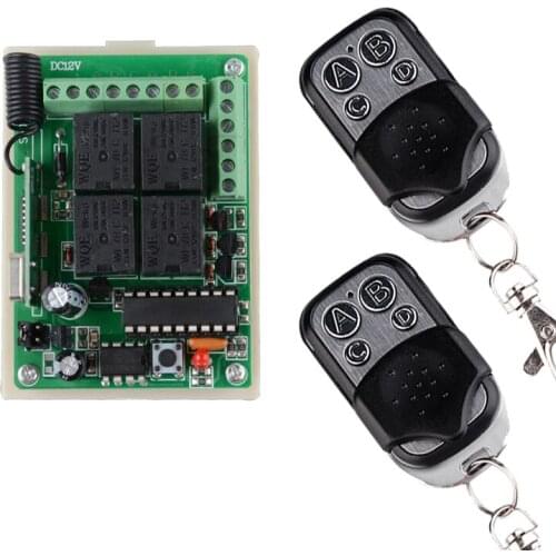 12v 4ch RF wireless remote control Radio Controllers/Switch #1 Receiver&2 Transmitter 10A Learning code output way adjustable