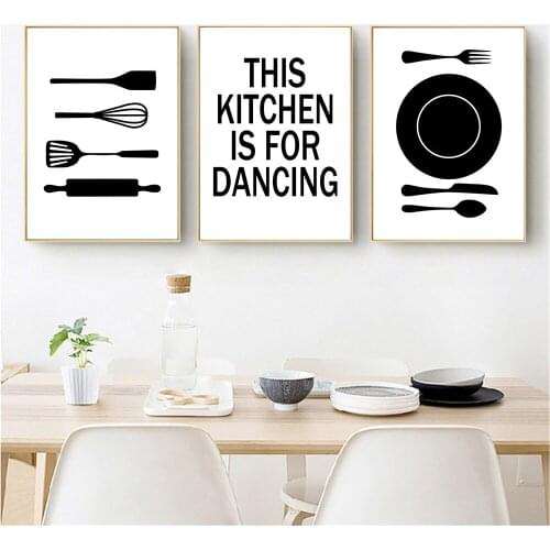 Abstract Cooking Tableware Art Poster This Kitchen Is For Dancing Quotes Canvas Painting Nordic Wall Print Picture Kitchen Decor