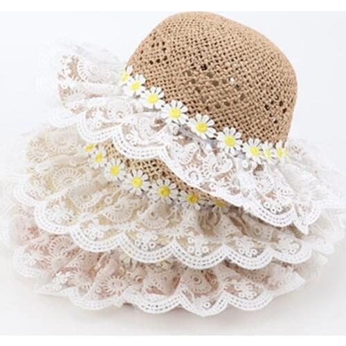 Baby princess Raffia straw hat Summer breathable holiday beach panama caps Gorros Kid child girl lace flower sun hat