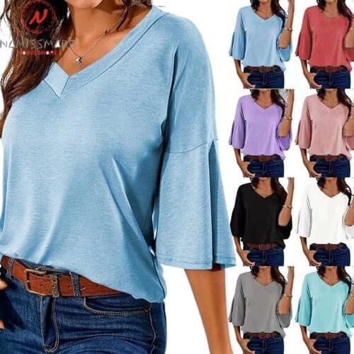 Fashion Women Summer Solid Color T-Shirts Patchwork Design V-Neck Lantern Sleeve Casual Loose Pullovers Top for Streetwear
