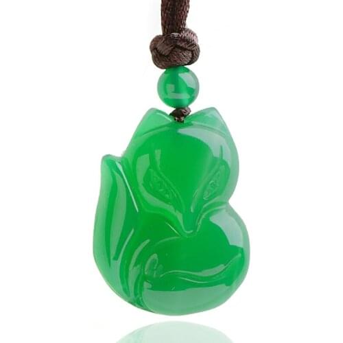 Agate Fox Pendant Cute White Agate Fox Green Jade Pendant Necklace Lucky Amulet Auspicious Pendants Men Women Jade Jewelry