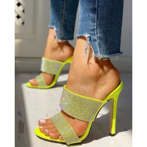 Summer New Fashion Stiletto Slippers, Open-toed Rhinestone Womens Slippers, Womens High-heeled Shoes Slippers Fashion Shoes