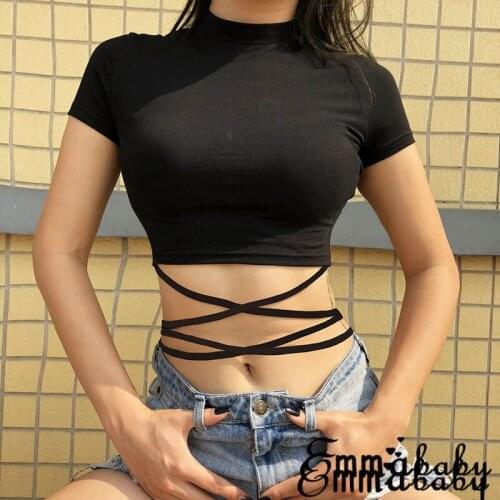 New Trendy Women Summer Clothes Slim Casual Pullover Tops Short Sleeve Turtle Neck Bandage T-Shirts 1 Pieces