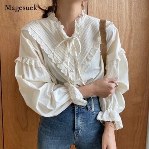 New Vintage Casual Blouses Shirt Cotton White Button Loose Shirts Tops Women Lantern Sleeve Office Lady Blouse Femme Blusas 9580