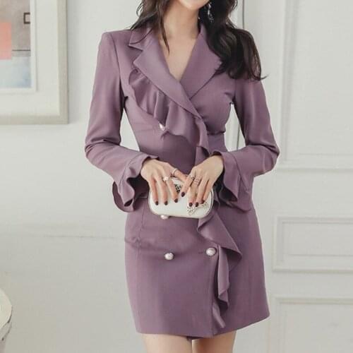 ZAWFL 2020 Autumn Dress Women Notched Color Ruffles Mermaid Bodycon Dresses Elegant Wear To Office Double-breasted Vestidos