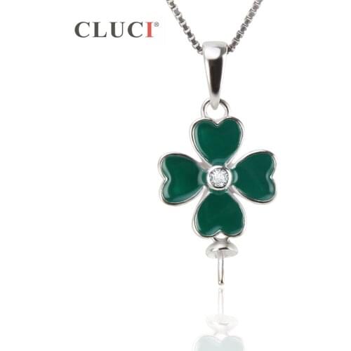 CLUCI 925 Sterling Silver Four Leaf Clover Pendant Necklace Setting Green Clover Jewelry Accessary to stick pearl SP212SB