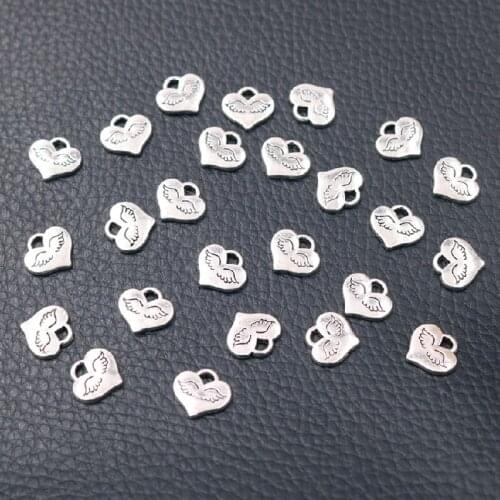 50pcs Silver Plated Heart-Shaped Angel Wing Pendant Popular Bracelet Earrings Metal Accessories DIY Charms Jewelry Crafts Making