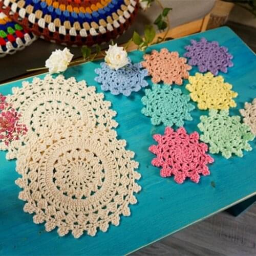 Handmade Crochet solid Round Doilies Japanese Tea Ceremony Ancient Round Tea Screen Saucer Macarone color Plate 10pcs