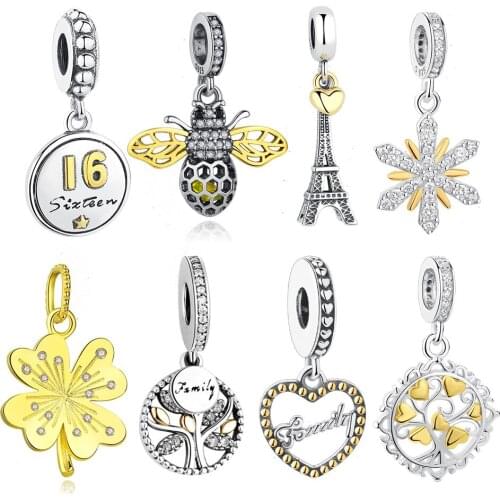 925 Sterling Silver Charm Bead Snowflake Family Tree of Love Bee Gold Pendant Charms Fit Original Bracelet DIY Jewelry