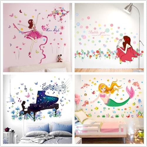[shijuekongjian] Cartoon Girl Wall Stickers DIY Children Mural Decals for House Kids Rooms Baby Bedroom Nursery Decoration