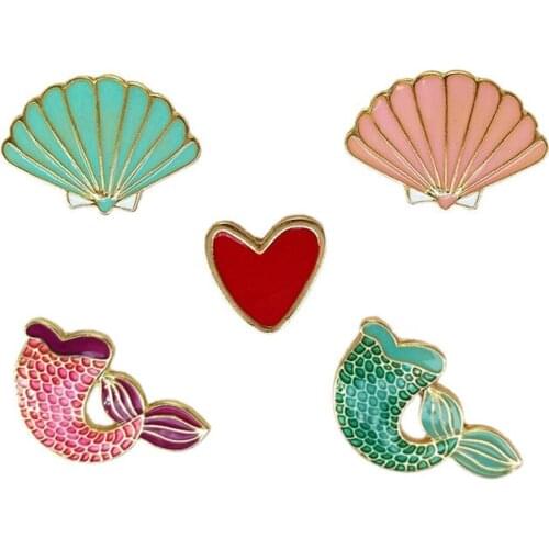 1pc red hearts fan shaped mermaid tail shells drip alloy enamel brooch badge metal collar pin jewelry