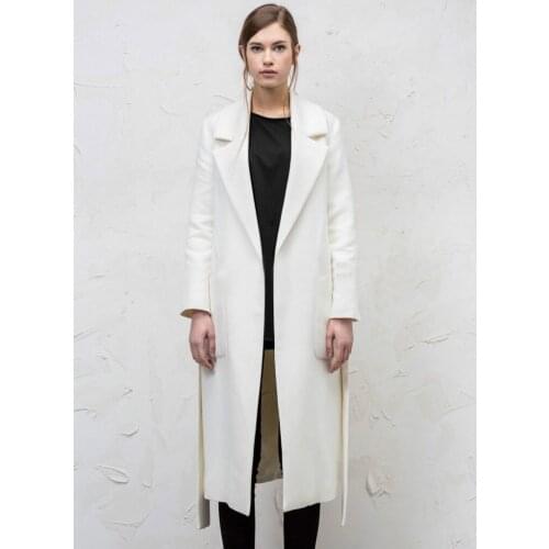 Long Outerwear England Style Elegant Women Woolen Coats Solid White Blends Coat with Belt Wide Adjustable Waist Slim Lady Jacket